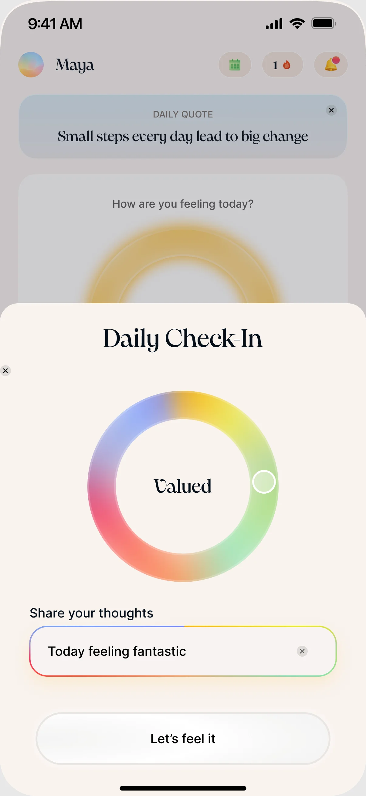 therma daily check-in screen with the mood ring set to valued and a note that reads today feeling fantastic