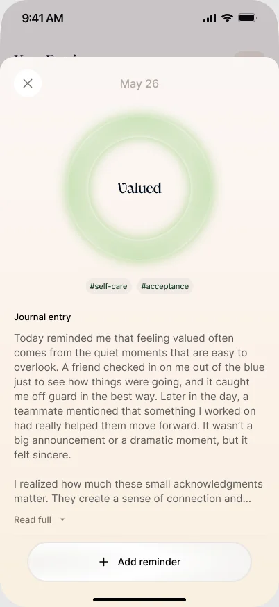 therma entry screen showing a valued mood ring, self-care and acceptance tags, and a short written reflection